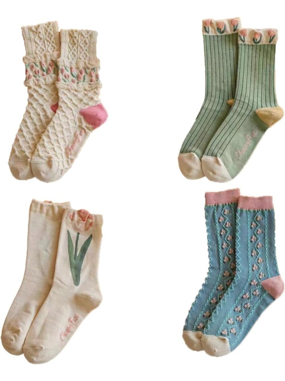 Cute Floral Ankle Socks - 4 Pairs Lace Ruffle Mid Tube Casual Cottagecore Socks